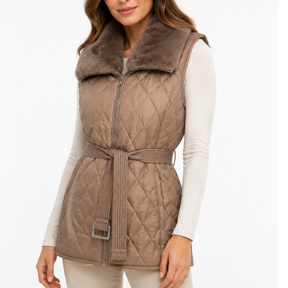 Women's Taupe Puffer Vest Size S Quilted Faux Fur Collar Belted Winter Outerwear
